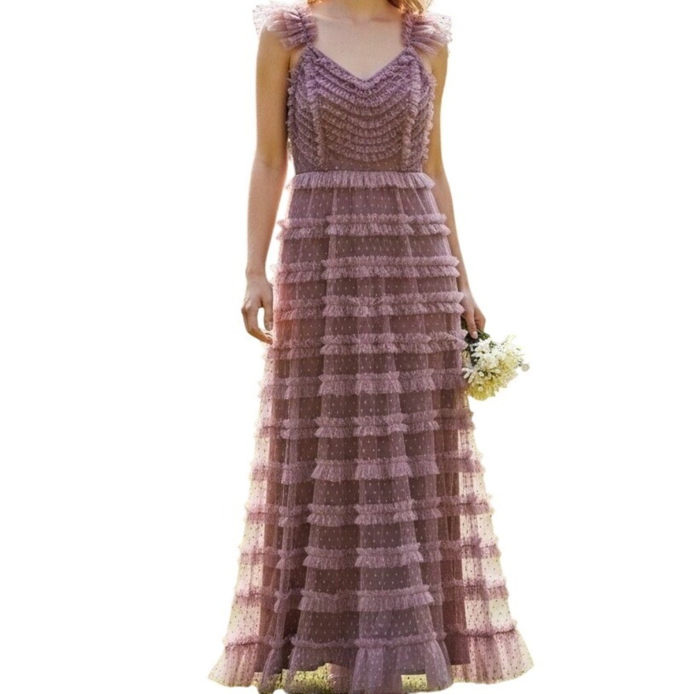 Mac Duggal Tiered Gown Women 6 Rose Pink Swiss Dot Ruffled Tulle Sleeveless Maxi